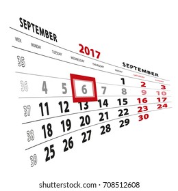 6 September highlighted on calendar 2017. Week starts from Monday. Vector Illustration.