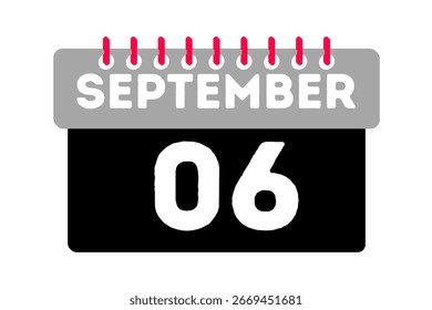 6 Septiembre mes Vector de un solo día, ilustración, calendario con ceniza, negro, rojo y blanco color de fondo icono de calendario del 6 de septiembre