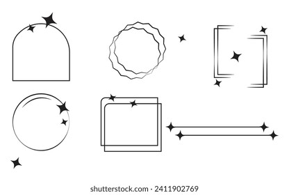 6 Set of abstract aesthetic y2k geometric elements and wireframe shapes. Black and white retro line design elements with white background.