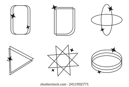 6 Satz abstrakter ästhetischer y2k geometrischer Elemente und Wireframe-Formen. Schwarz-Weiß-Design-Elemente der Retrolinie mit weißem Hintergrund.