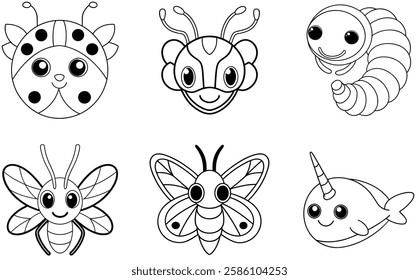 6 set bird and fish vector outline artwork design 