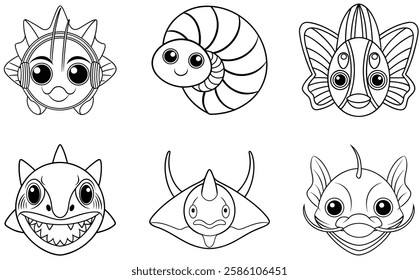 6 set bird and fish vector outline artwork design 