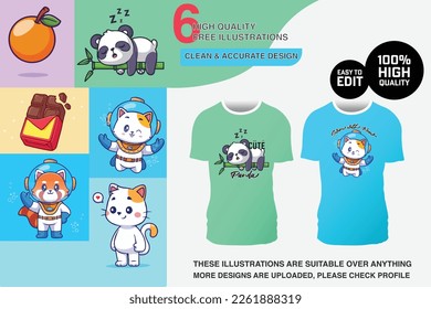 6 set or bundle of High Quality Editable Cartoon illustrations. Suitable to print in any t shirt, mug, bag, cap and other accessories. Cute Colorful Vectors.