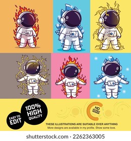 6 set of cute astronaut illustrations, space astronaut, spaceship, cute cartoons vector, t shirt design. Contemporary bundle for accessories.