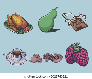 6 set design vector illustration of Chicken,  avocado, chocolate, choffee, mushroom, and strawberry. 