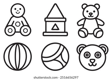 6 set difference types of toy line art,silhouette vector,icon illustration on white background.	
