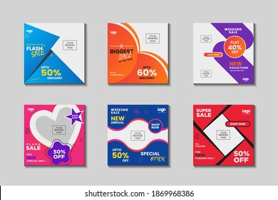 6 Set of Editable minimal square banner template. Various colors background with stripe line shape. Fashion sale social media post design template Bundle Premium Vector suitable for web internet ads.