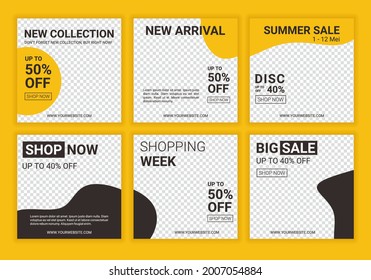 6 Set of editable minimal square banner template. Black and yellow background colors with stripe line shape. Fashion summer sale promotion. Suitable for promoting your product online