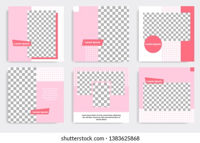 6 Set editable modern minimal square banner templates. Pink, red and white background color with stripe line shape. Suitable for social media post and web / internet ads sale promotion