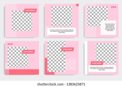6 Set editable modern minimal square banner templates. Pink, red and white background color with stripe line shape. Suitable for social media post and web / internet ads sale promotion