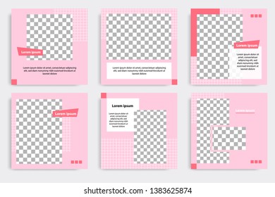 6 Set editable modern minimal square banner templates. Pink, red and white background color with stripe line shape. Suitable for social media post and web / internet ads sale promotion