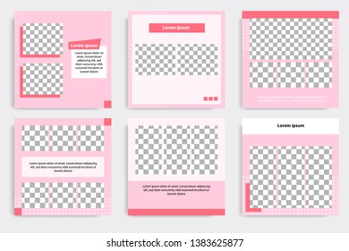 6 Set editable modern minimal square banner templates. Pink, red and white background color with stripe line shape. Suitable for social media post and web / internet ads sale promotion