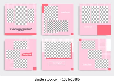 6 Set editable modern minimal square banner templates. Pink, red and white background color with stripe line shape. Suitable for social media post and web / internet ads sale promotion