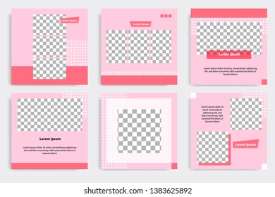 6 Set editable modern minimal square banner templates. Pink, red and white background color with stripe line shape. Suitable for social media post and web / internet ads sale promotion