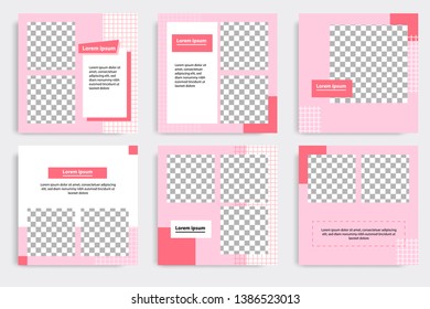 6 Set editable modern minimal square banner templates. Pink, red and white background color with stripe line shape. Suitable for social media post and web / internet ads sale promotion