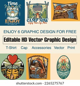 6 set of HD editable illustrations for t shirts and other print design. Hawaii, beach, hill, mountain design