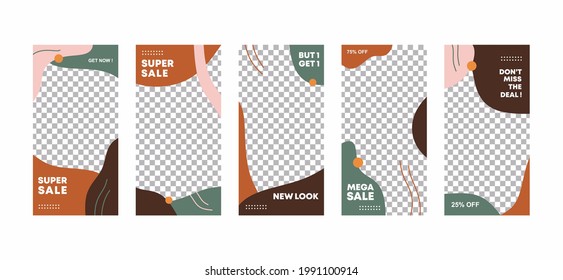 6 set of ig stories frame template design. Brown and grey abstract collage layout design. Mockup for personal blog or shop. Layout for promotion. Fashion discount mega sale. Vector illustration
