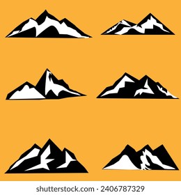 6 Set of mountain travel emblems. Camping outdoor adventure emblem, badge, and logo patch. Mountain tours, hiking. Silhouette style.