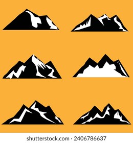 6 Set of Rocks and mountains silhouettes for logo, icons, badges and labels. Camping, climbing, hiking, travel and outdoor recreation symbol.