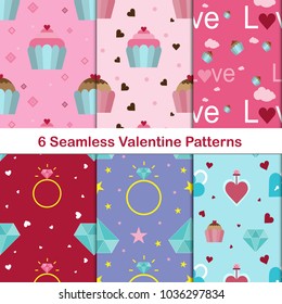 6 Set of romantic background on Valentine's Day.Collection of Valentine's Patterns.
