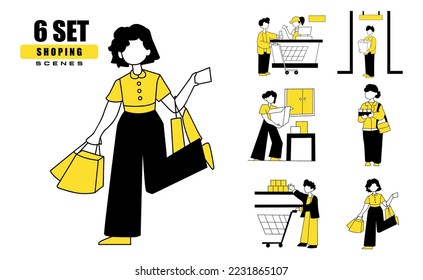 6 Set shopping scenes - Concept illustrations. Collection of scenes with people . Vector illustration shopping