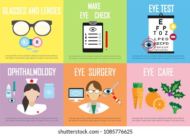 6 Set vector icons ophthalmology, sign and symbols in medicine and health with elements.glasses and lenses,eye check,eye test,surgery,eye care.