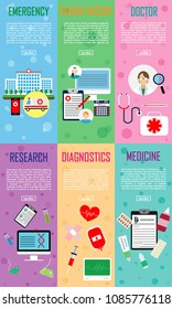  6 Set vector icons, sign and symbols in medicine and health with elements.emergency,patient history,doctor,research,diagnostics,medicine.