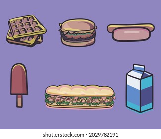 6 set vector illustration of pretzels, hamburger, hotdog, ice-cream, sandwich, milk