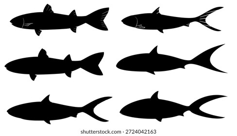 6 Conjuntos de diseños de siluetas imaginarias de salmonetes y peces lecheros, aislados sobre un fondo blanco. Vector