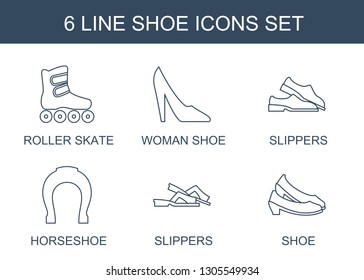 6 shoe icons. Trendy shoe icons white background. Included line icons such as roller skate, woman shoe, slippers, horseshoe. icon for web and mobile.