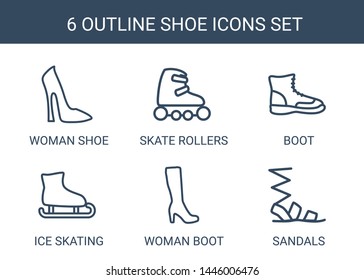 6 shoe icons. Trendy shoe icons white background. Included outline icons such as woman shoe, skate rollers, boot, ice skating, woman boot, sandals. icon for web and mobile.