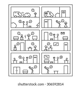 6 short comics about legal cases. Linear, black color.