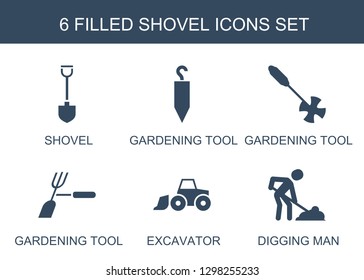 6 shovel icons. Trendy shovel icons white background. Included filled icons such as gardening tool, excavator, digging man. shovel icon for web and mobile.