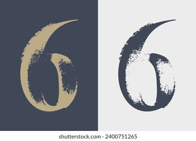 6 sign. Number six serif logo with dry brush strokes. Classic style font. Grunge textured and rough edges elements. Perfect for fashion label, vintage headline, luxury identity, wedding invitation.