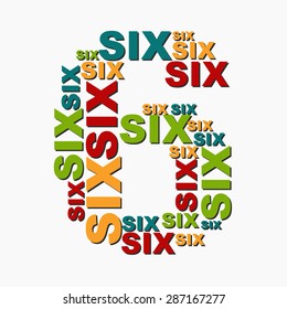 6 six digit number consisting of words of different sizes of multi color.