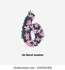 6 six floral number, realist flower font, pink purple green, wedding decoration element, nature figure