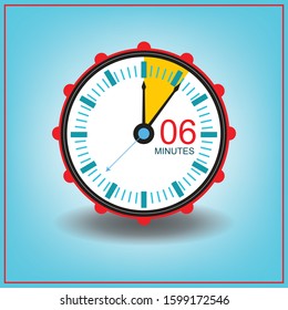 6 Six Minute Clock Icon. Vector Time Symbol With Blue Background