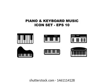 6 (Six) Piano and Keyboard Icon Set Collection in Trendy Black Flat Isolated on White Background Vector Illustration.