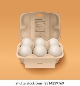 6 Six Vector 3d Realistic White Chicken Eggs in Opened Carton Paper Box, Container, Packaging. Chicken Egg Set, Isolated. Vector Raw Whole Eggs. Egg Pack in Front View