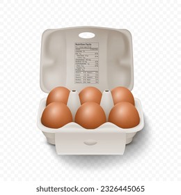 6 Six Vector 3d Realistic Brown Chicken Eggs in Opened Carton Paper Box, Container, Packaging. Chicken Egg Set, Isolated. Vector Raw Whole Eggs. Egg Pack in Front View