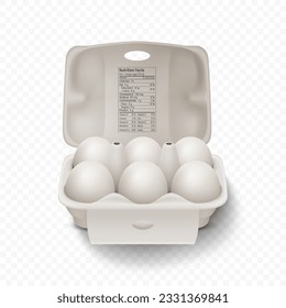 6 Six Vector 3d Realistic White Chicken Eggs in Opened Carton Paper Box, Container, Packaging. Chicken Egg Set, Isolated. Vector Raw Whole Eggs. Egg Pack in Front View