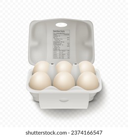 6 Six Vector 3d Realistic White Chicken Eggs in Opened Carton Paper Box, Container, Packaging. Textured Chicken Egg Set, Isolated. Vector Whole Eggs. Egg Pack in Front View