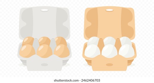 6 Six Vector White and Brown Chicken Eggs in Opened Carton Paper Box, Container, Packaging. Chicken Egg Set, Isolated. Vector Raw Whole Eggs. Egg Pack in Front View