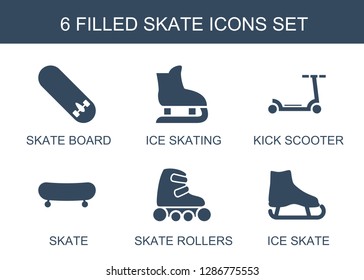 6 skate icons. Trendy skate icons white background. Included filled icons such as skate board, ice skating, kick scooter, rollers, ice skate. icon for web and mobile.