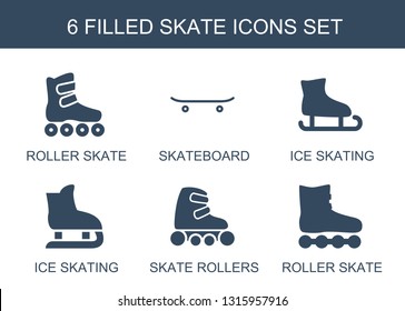 6 skate icons. Trendy skate icons white background. Included filled icons such as roller skate, skateboard, ice skating, rollers. icon for web and mobile.