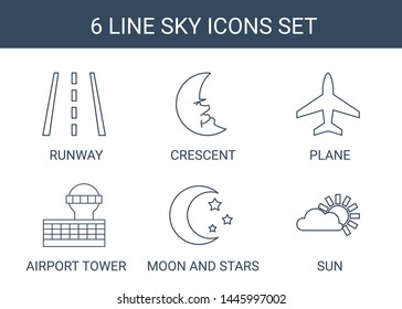6 sky icons. Trendy sky icons white background. Included line icons such as runway, crescent, plane, airport tower, moon and stars, sun. sky icon for web and mobile.