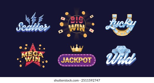 6 Ranuras de signos de Plantillas. Dispersión, Salvaje, Jackpot. Imprimir para camiseta, Anuncio, póster, portada, insignia y etiqueta. Casino retro de los años 80, diseño de tragamonedas. Ilustración vectorial