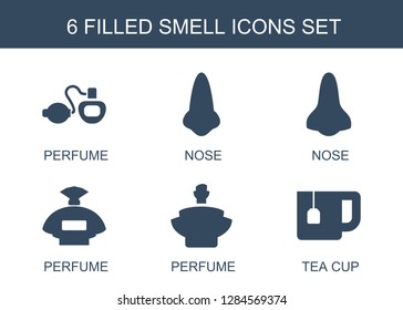 6 smell icons. Trendy smell icons white background. Included filled icons such as perfume, nose, tea cup. smell icon for web and mobile.