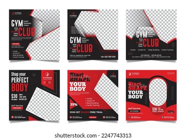 6 social media post template set gym and fitness banner, Sports social media square banner, Workout exercise social media promotional design.