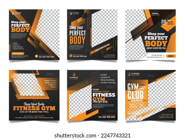 6 social media post template set gym and fitness banner, Sports social media square banner, Workout exercise social media promotional design.